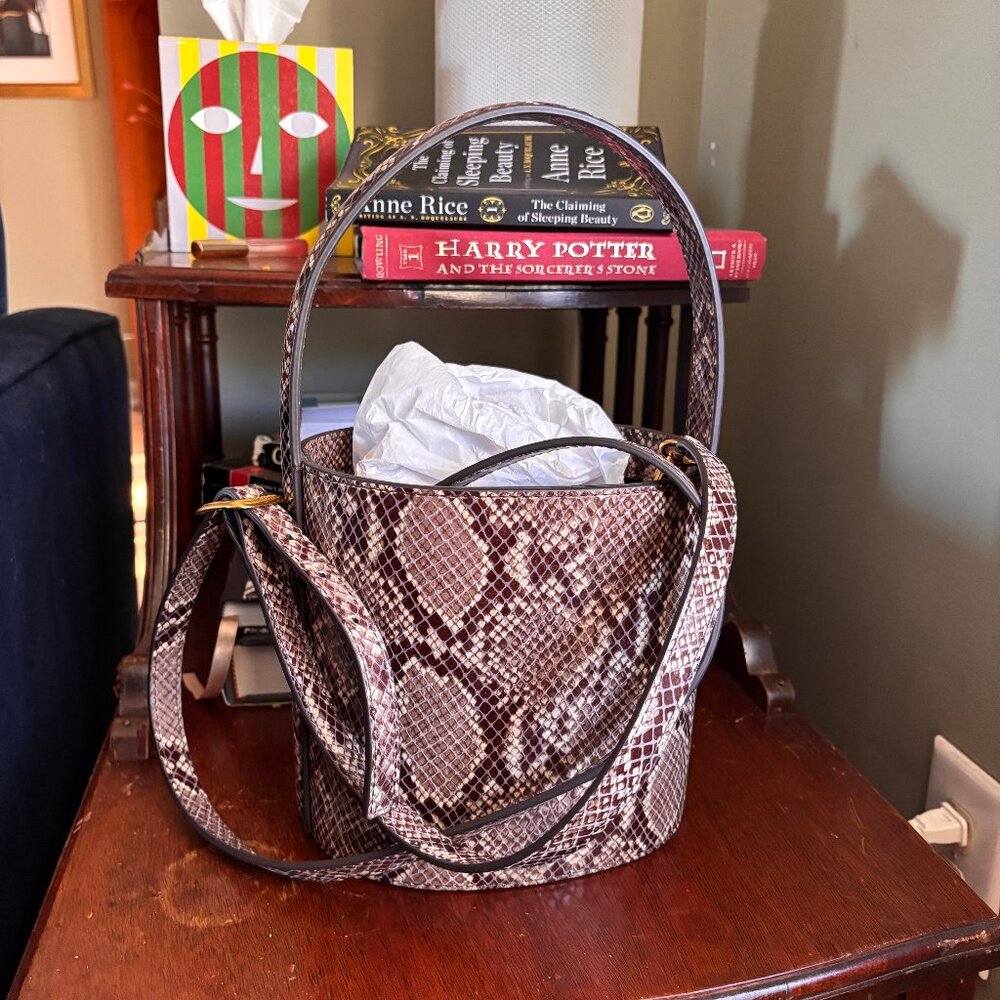 STAUD Brown Snake Print Crossbody Bucket Bag